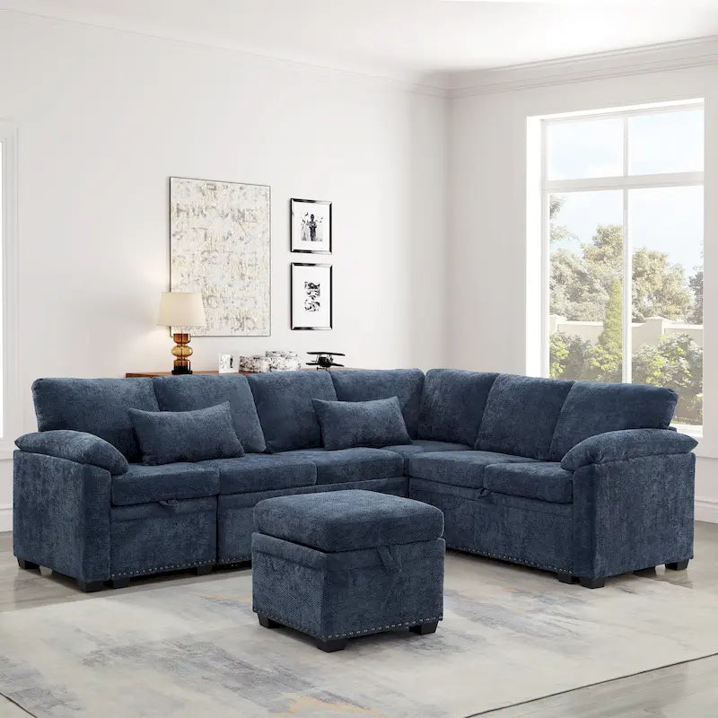 97 Chenille L-Shaped Sleeper Sectional Sofa with Storage Ottoman