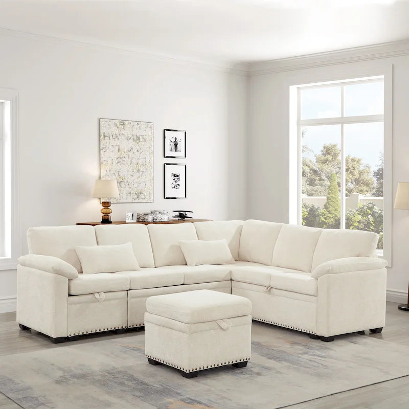 97 Chenille L-Shaped Sleeper Sectional Sofa with Storage Ottoman