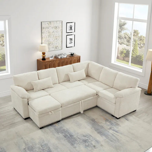 97 Chenille L-Shaped Sleeper Sectional Sofa with Storage Ottoman