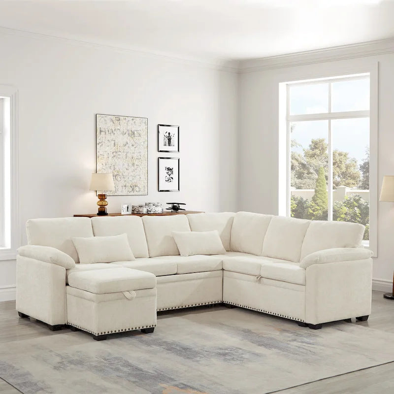 97 Chenille L-Shaped Sleeper Sectional Sofa with Storage Ottoman