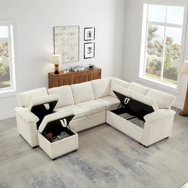 97 Chenille L-Shaped Sleeper Sectional Sofa with Storage Ottoman