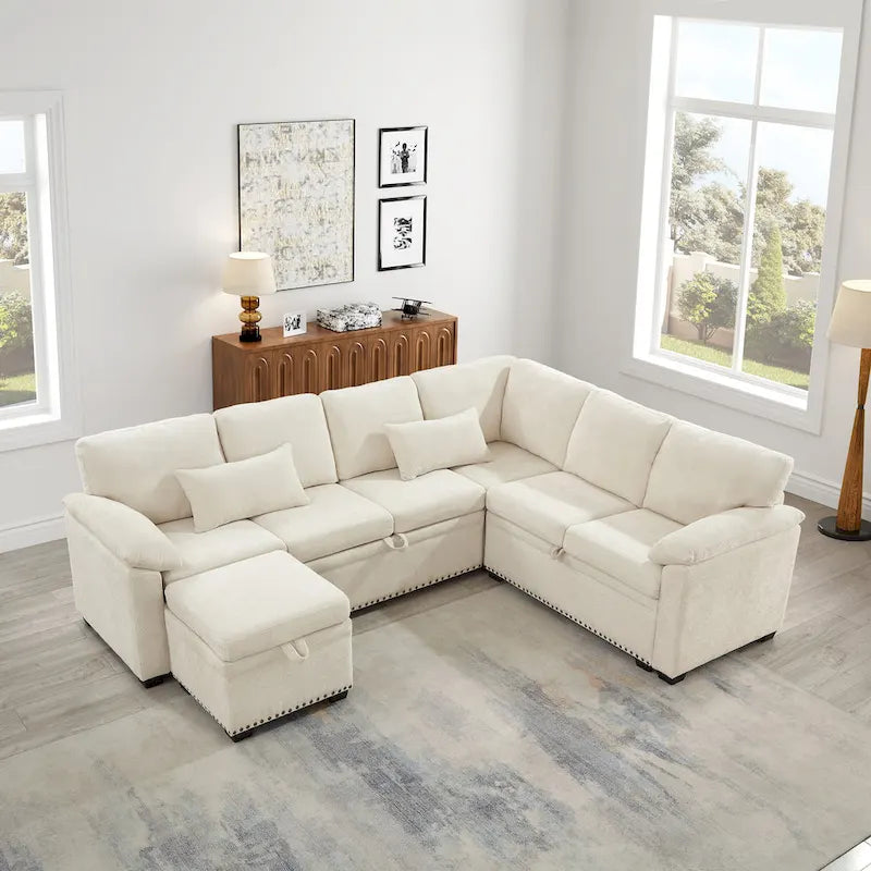 97 Chenille L-Shaped Sleeper Sectional Sofa with Storage Ottoman