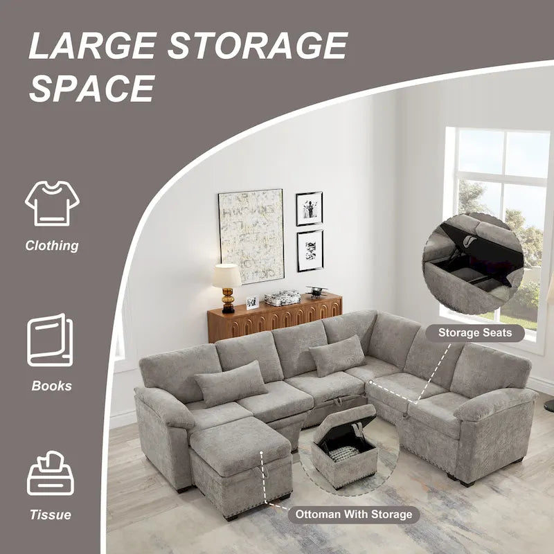97 Chenille L-Shaped Sleeper Sectional Sofa with Storage Ottoman