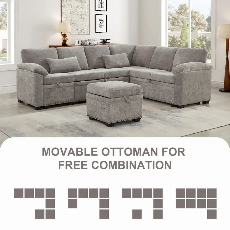97 Chenille L-Shaped Sleeper Sectional Sofa with Storage Ottoman