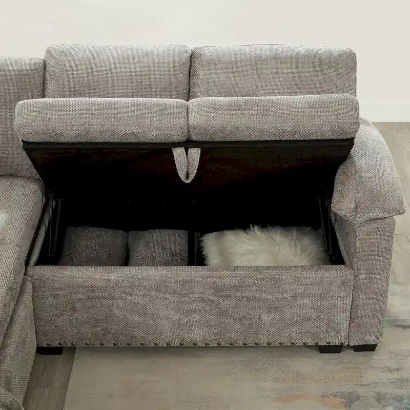 97 Chenille L-Shaped Sleeper Sectional Sofa with Storage Ottoman
