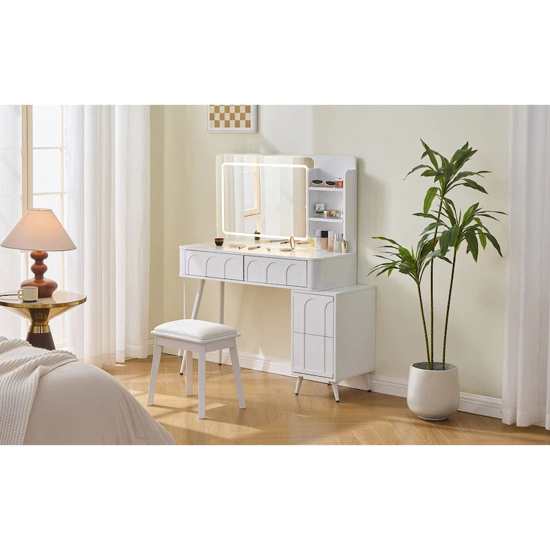 Modern Makeup Vanity Desk with LED Lights & Mirror, 4 Drawer Dressing Table Set with Stool, 3 Colors Dimmable Brightness