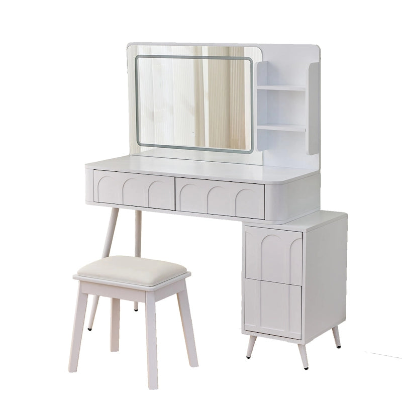 Modern Makeup Vanity Desk with LED Lights & Mirror, 4 Drawer Dressing Table Set with Stool, 3 Colors Dimmable Brightness
