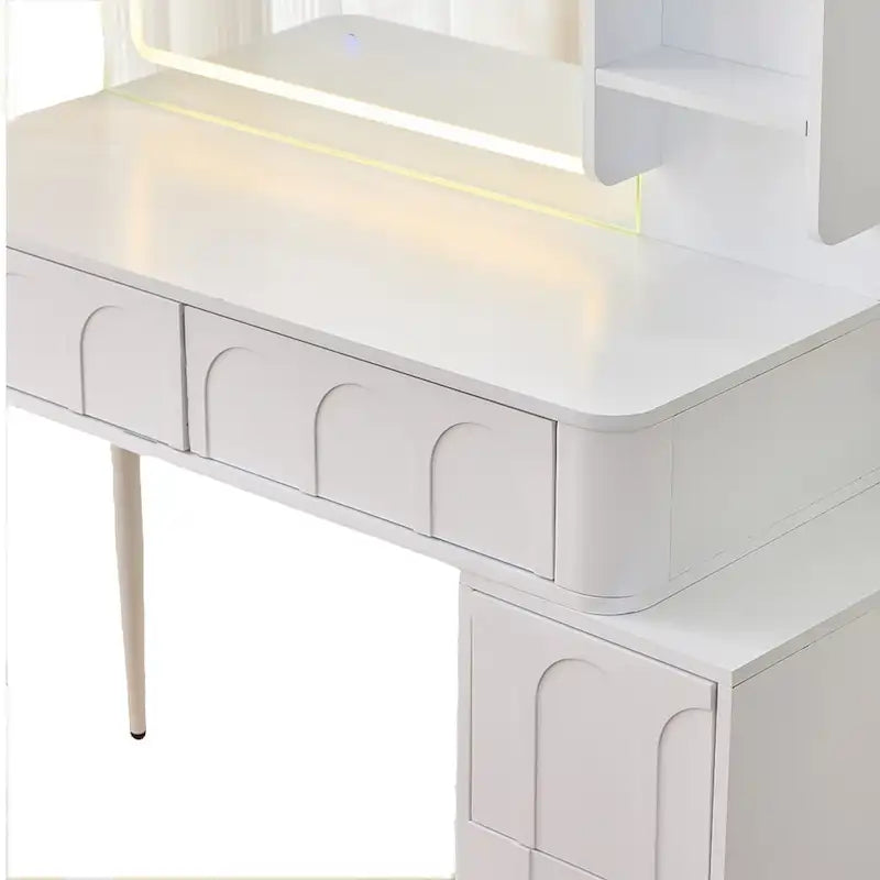 Modern Makeup Vanity Desk with LED Lights & Mirror, 4 Drawer Dressing Table Set with Stool, 3 Colors Dimmable Brightness