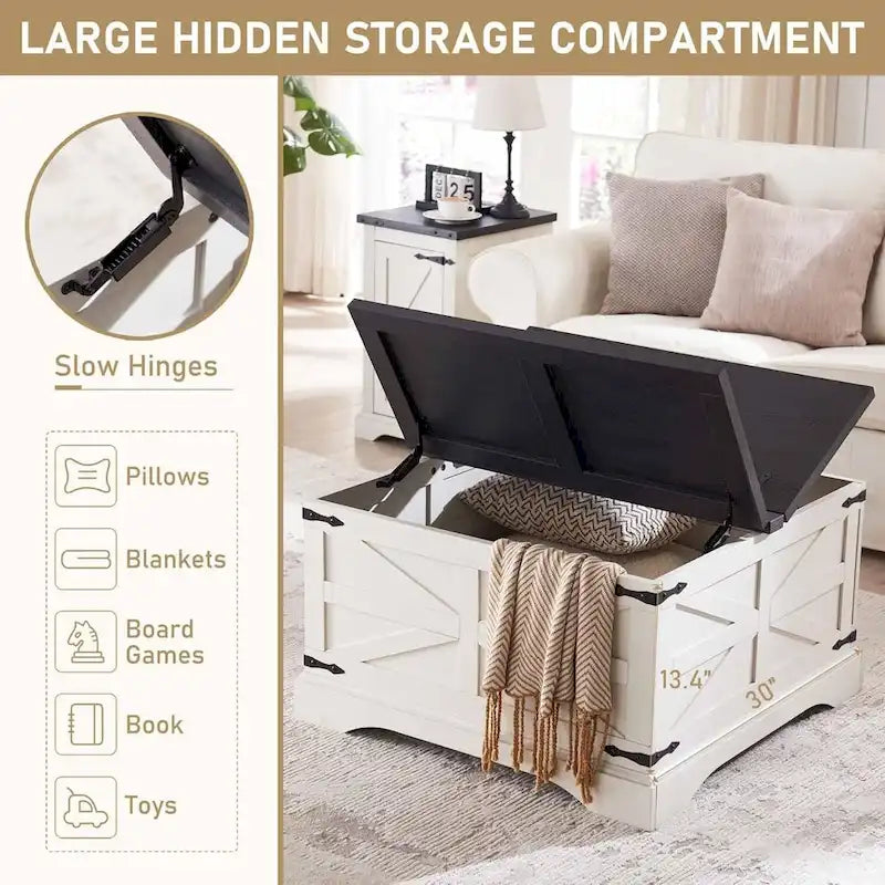 Farmhouse Coffee Table, Square Wood Center Table for Living Room