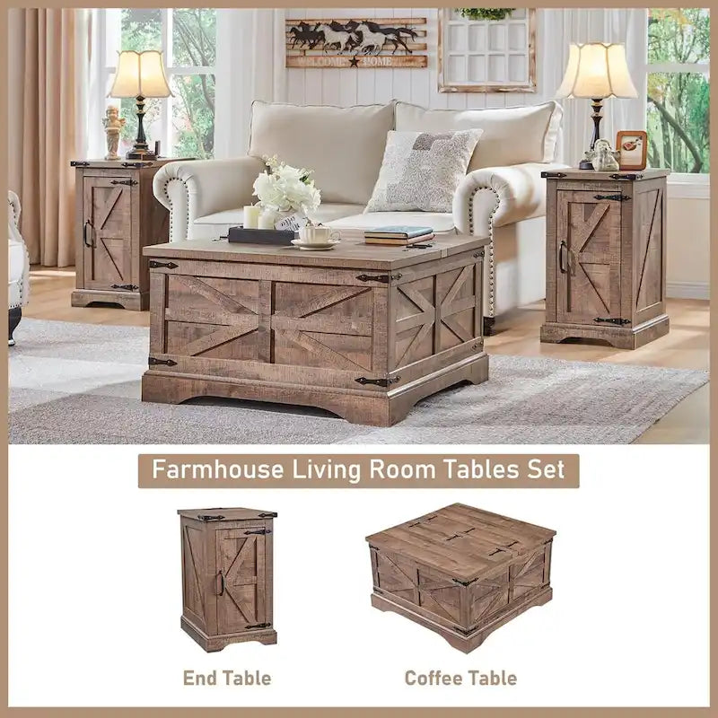 Farmhouse Coffee Table, Square Wood Center Table for Living Room