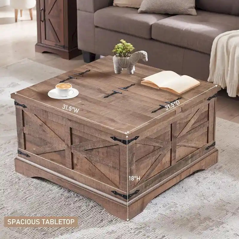Farmhouse Coffee Table, Square Wood Center Table for Living Room