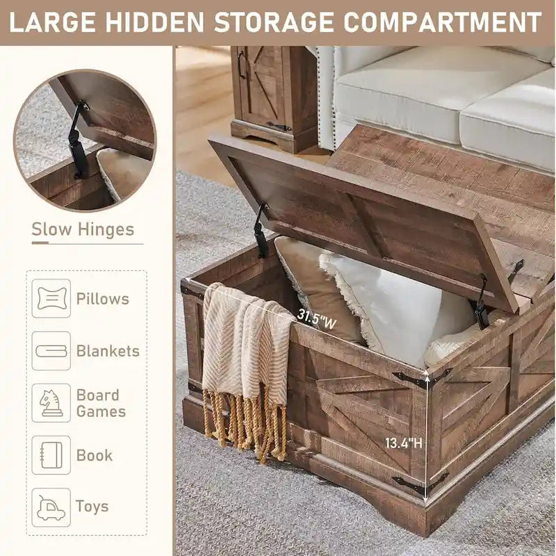 Farmhouse Coffee Table, Square Wood Center Table for Living Room