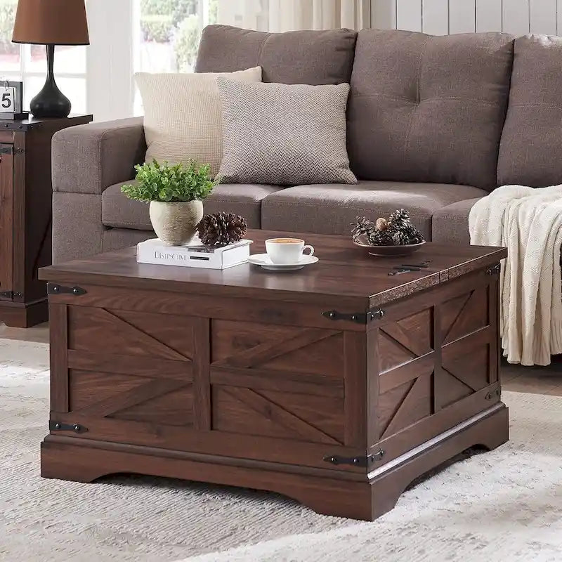 Farmhouse Coffee Table, Square Wood Center Table for Living Room