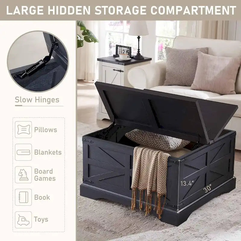 Farmhouse Coffee Table, Square Wood Center Table for Living Room