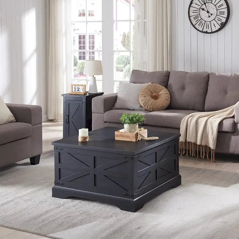Farmhouse Coffee Table, Square Wood Center Table for Living Room