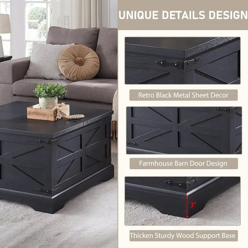 Farmhouse Coffee Table, Square Wood Center Table for Living Room