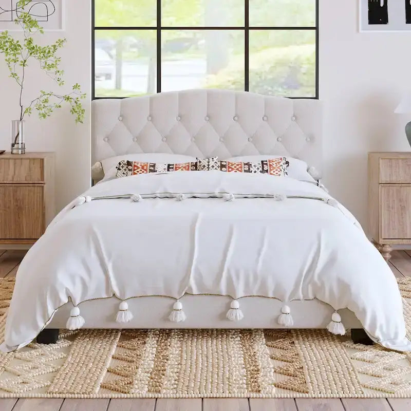 Upholstered Platform Bed with Saddle Curved Headboard and Diamond Tufted Details, Full, Beige