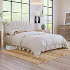 Upholstered Platform Bed with Saddle Curved Headboard and Diamond Tufted Details, Full, Beige