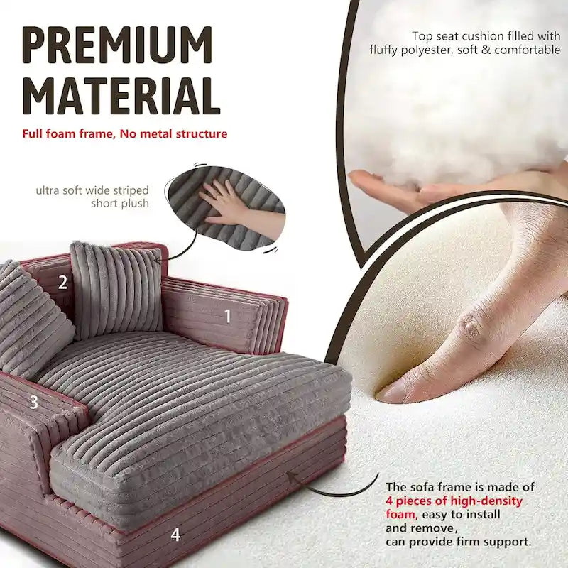 WOWMAX 60 Chaise Lounge Chair, Oversized Chaise Lounge Sofa Soft Short Plush Couch Sofa Bed Sleeper Chair with 2 Throw Pillows