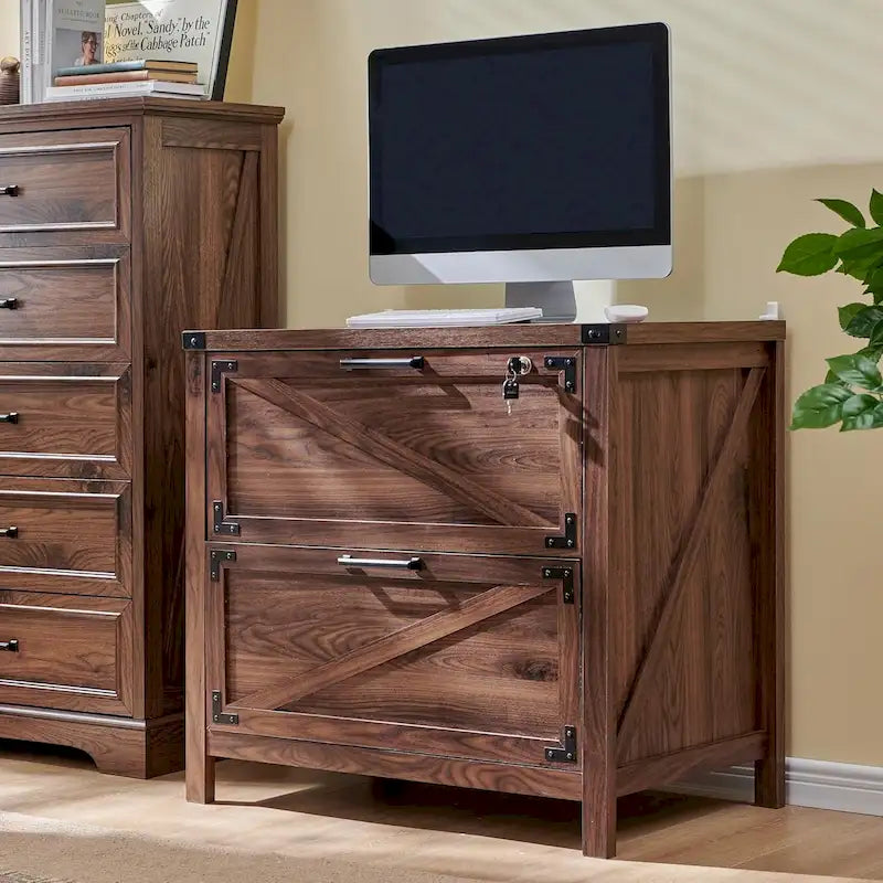 Farmhouse 2 Drawer File Cabinet, Lateral Filing Cabinet with Lock