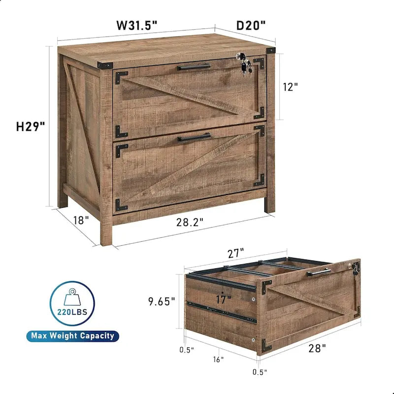 Farmhouse 2 Drawer File Cabinet, Lateral Filing Cabinet with Lock
