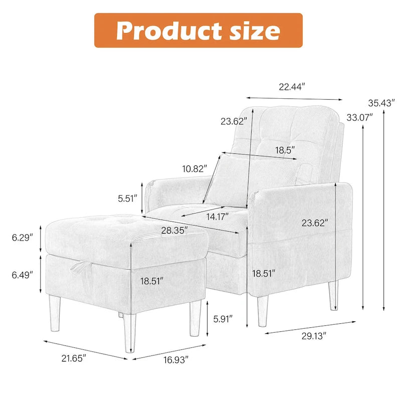 Adjustable Backrest Upholstered Accent Chair with Storage Ottoman Set