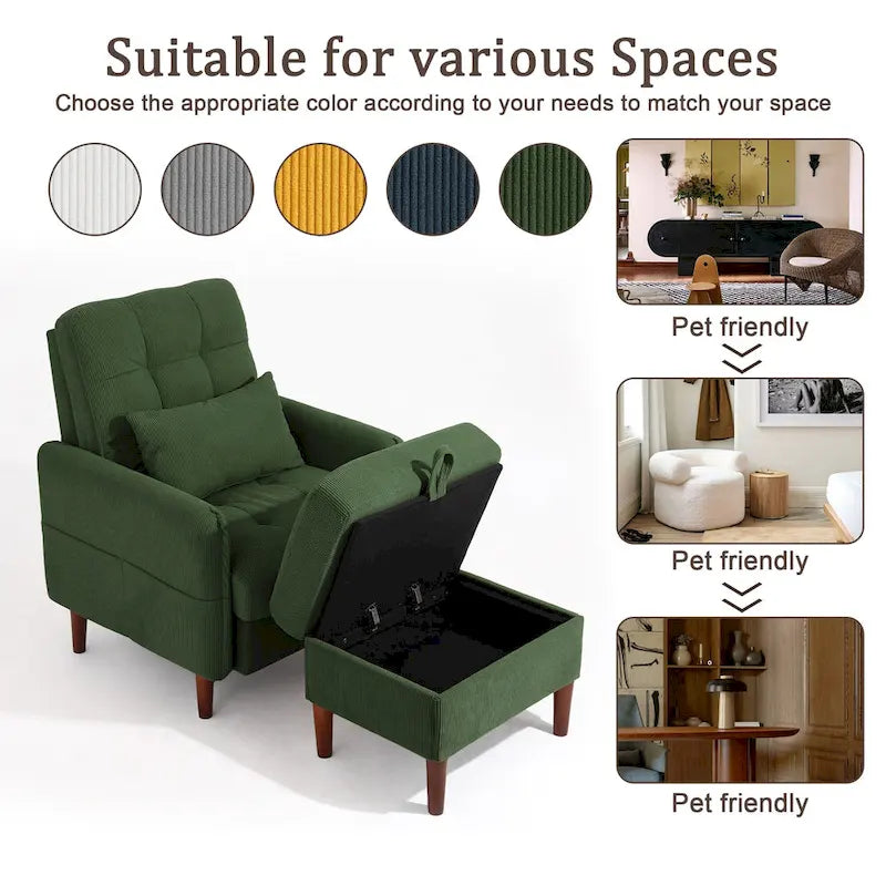 Adjustable Backrest Upholstered Accent Chair with Storage Ottoman Set