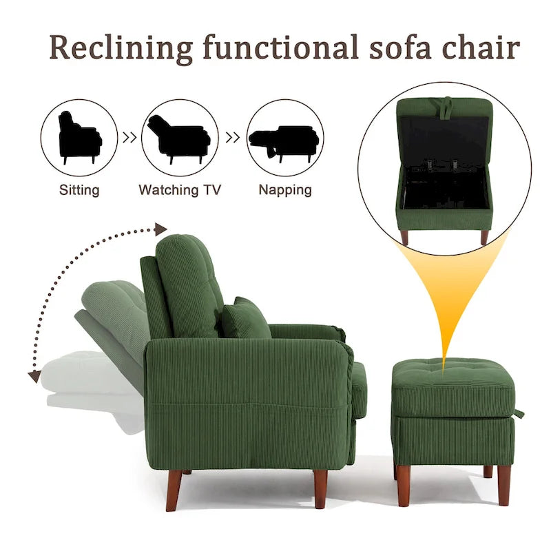 Adjustable Backrest Upholstered Accent Chair with Storage Ottoman Set