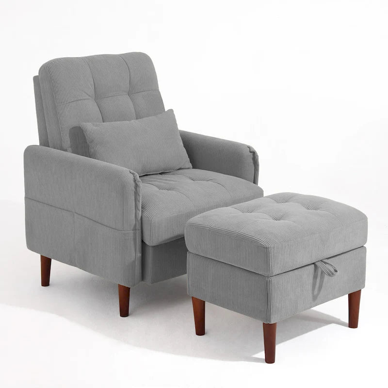 Adjustable Backrest Upholstered Accent Chair with Storage Ottoman Set