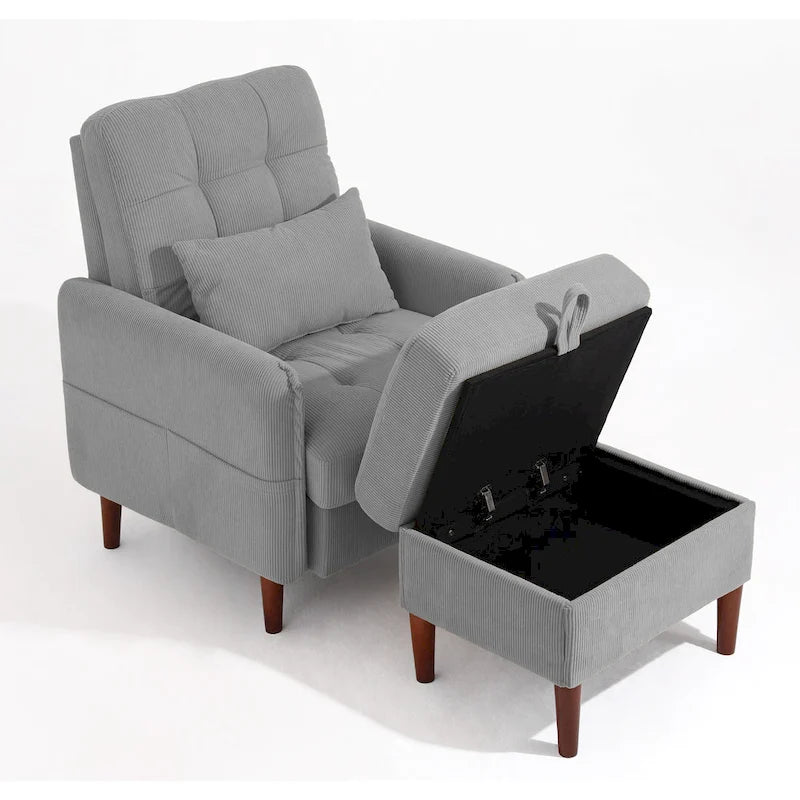 Adjustable Backrest Upholstered Accent Chair with Storage Ottoman Set