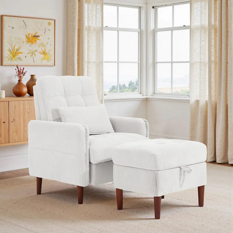 Adjustable Backrest Upholstered Accent Chair with Storage Ottoman Set
