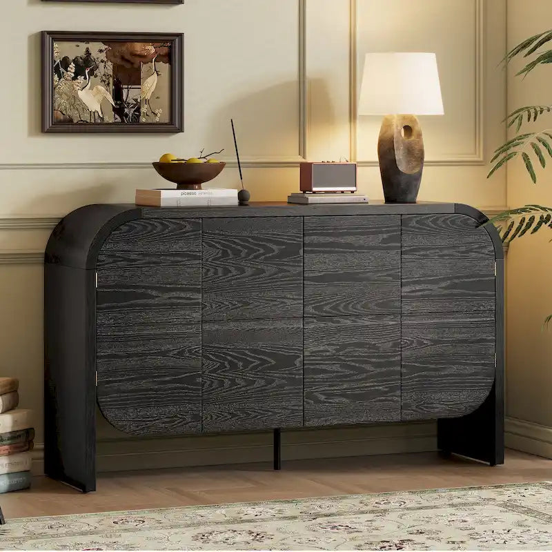 4 Doors Wood Sideboard Credenza Cabinet with Curvy Edge & Adjustable Shelves