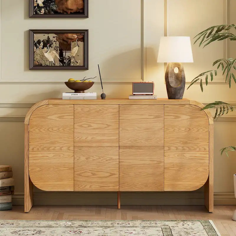 4 Doors Wood Sideboard Credenza Cabinet with Curvy Edge & Adjustable Shelves