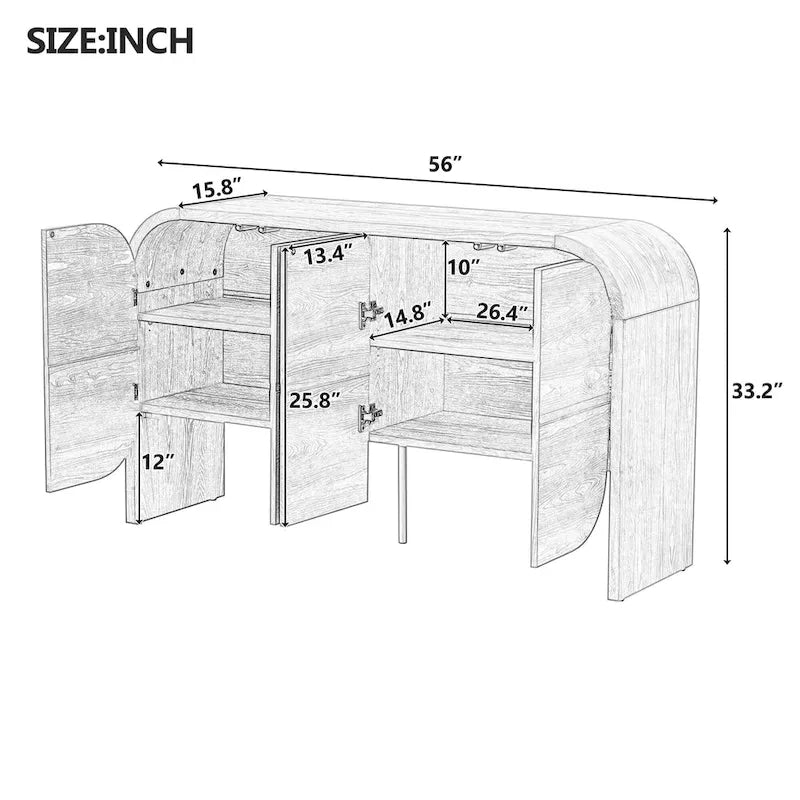 4 Doors Wood Sideboard Credenza Cabinet with Curvy Edge & Adjustable Shelves