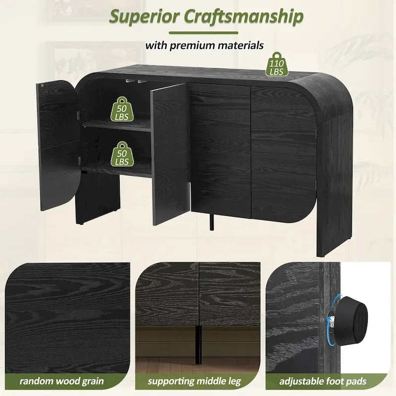 4 Doors Wood Sideboard Credenza Cabinet with Curvy Edge & Adjustable Shelves