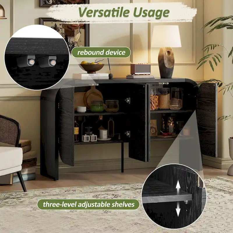 4 Doors Wood Sideboard Credenza Cabinet with Curvy Edge & Adjustable Shelves