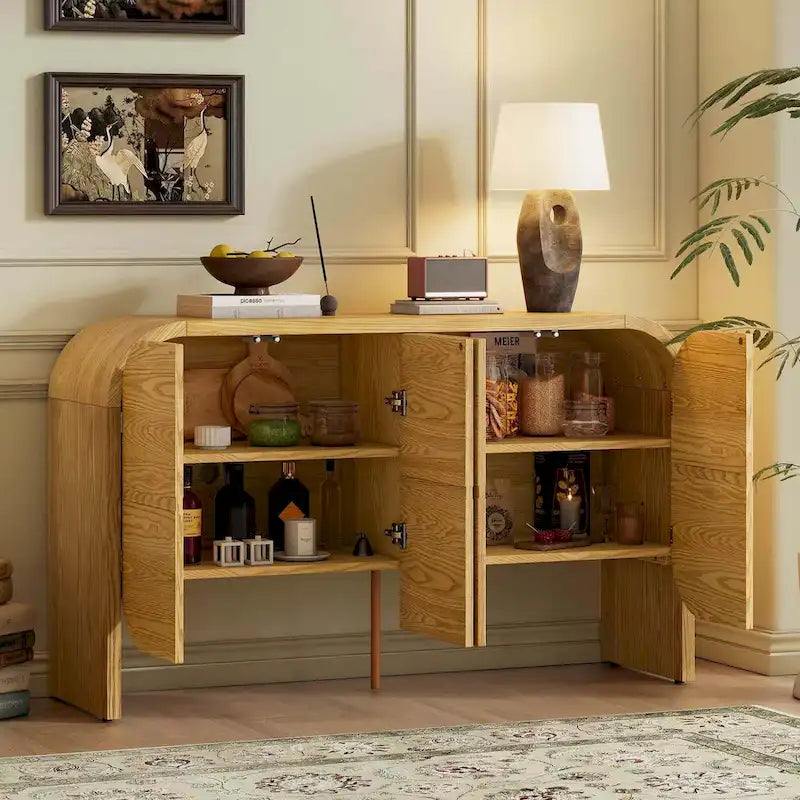 4 Doors Wood Sideboard Credenza Cabinet with Curvy Edge & Adjustable Shelves