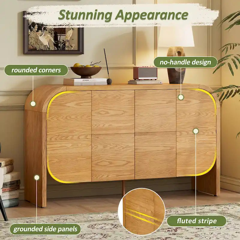 4 Doors Wood Sideboard Credenza Cabinet with Curvy Edge & Adjustable Shelves