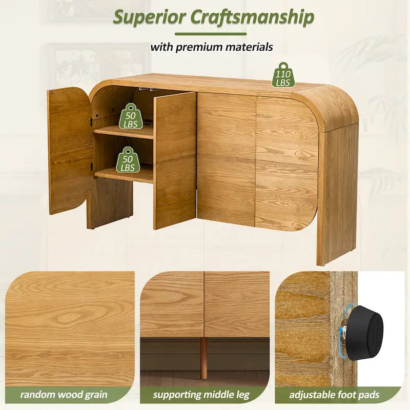 4 Doors Wood Sideboard Credenza Cabinet with Curvy Edge & Adjustable Shelves