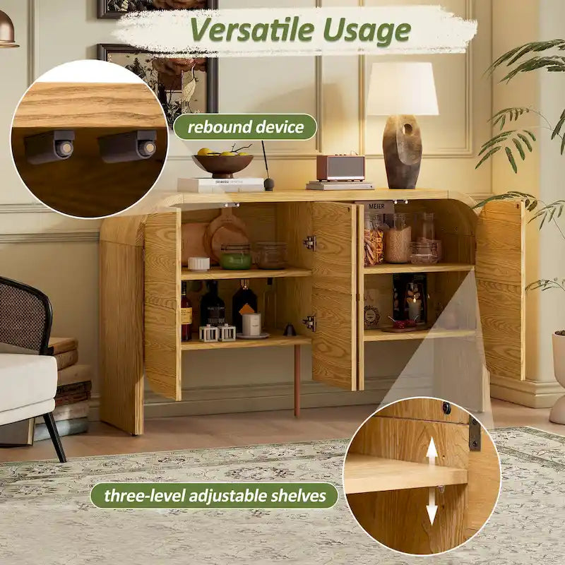 4 Doors Wood Sideboard Credenza Cabinet with Curvy Edge & Adjustable Shelves