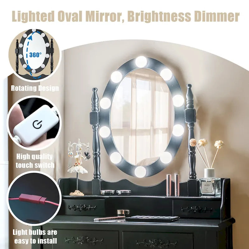 Costway Vanity Table Table 10 Dimmable Bulbs Black White Brown