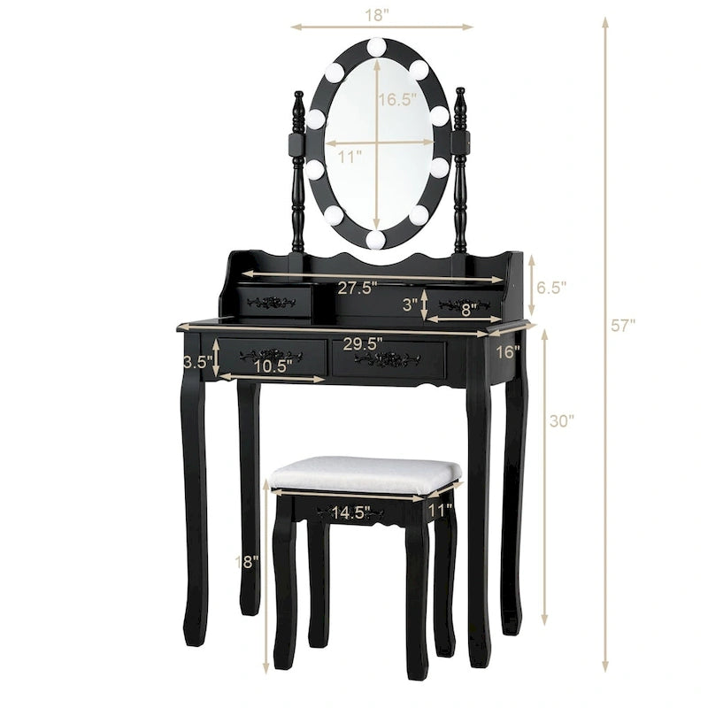 Costway Vanity Table Table 10 Dimmable Bulbs Black White Brown