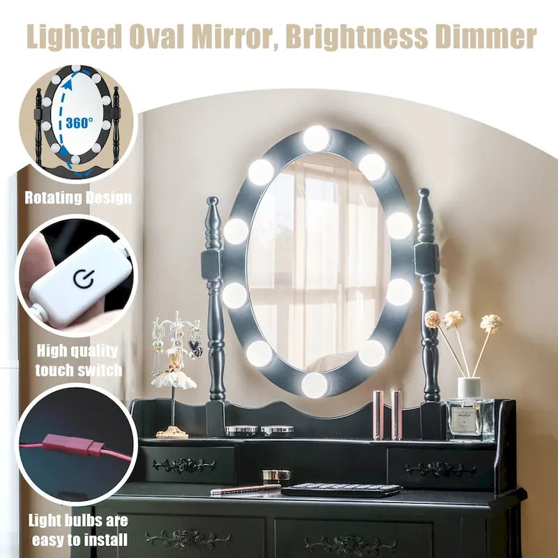 Costway Vanity Table Table 10 Dimmable Bulbs Black White Brown