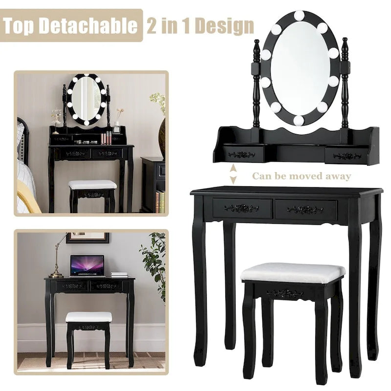 Costway Vanity Table Table 10 Dimmable Bulbs Black White Brown