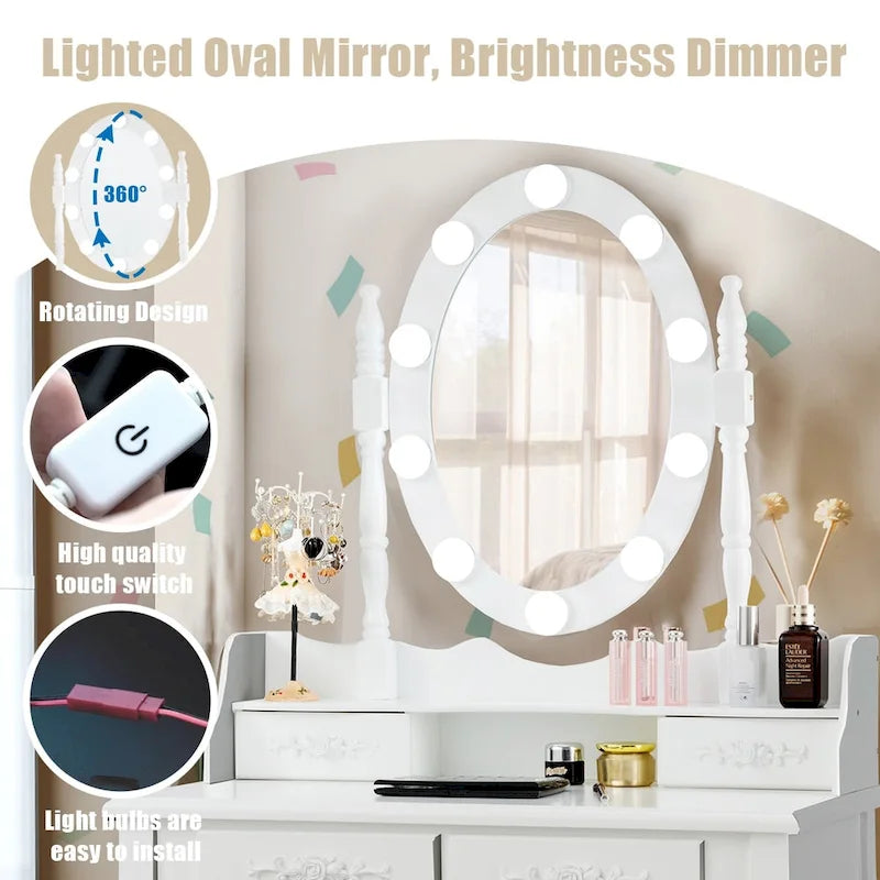 Costway Vanity Table Table 10 Dimmable Bulbs Black White Brown