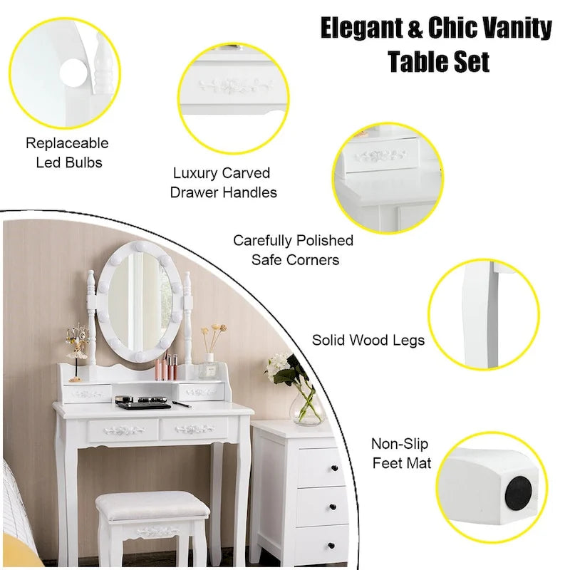 Costway Vanity Table Table 10 Dimmable Bulbs Black White Brown