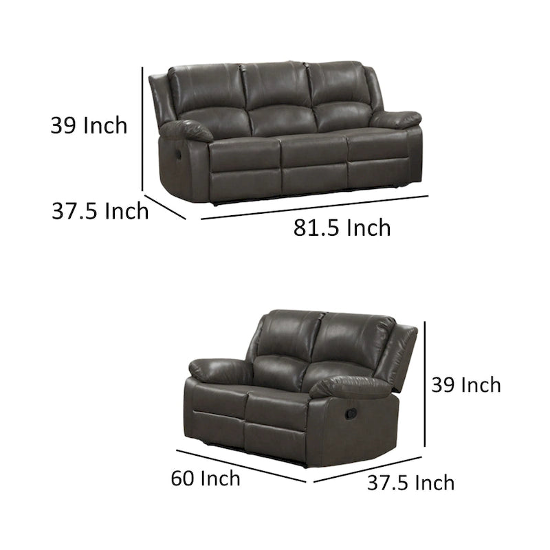 Lizzy Sofa and Loveseat Set, Manual Reclining, Solid Wood, Gray Leather