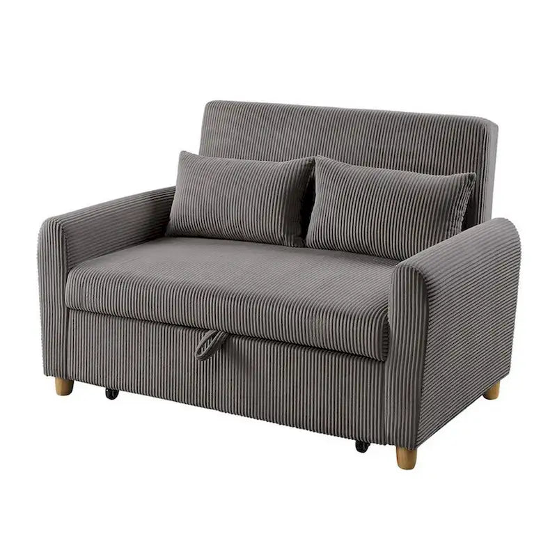 Tina 54 Inch Convertible Sleeper Loveseat, Round Arms, 2 Pillows, Brown