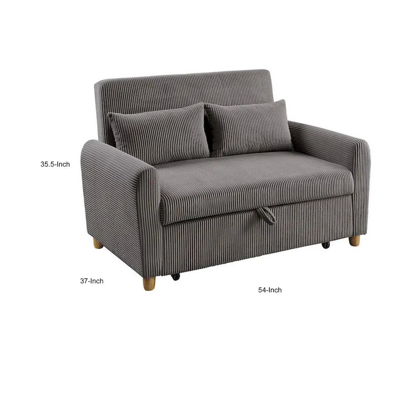 Tina 54 Inch Convertible Sleeper Loveseat, Round Arms, 2 Pillows, Brown