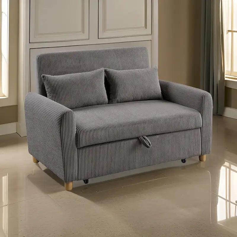 Tina 54 Inch Convertible Sleeper Loveseat, Round Arms, 2 Pillows, Brown